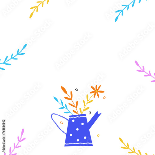 Vector Easter frame template with flowers and watering can. Flat illustration 