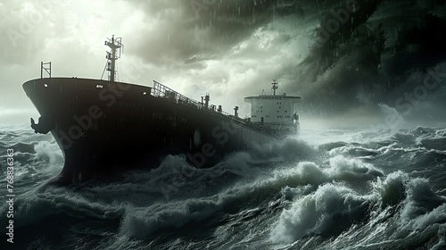Waves crash against the sides of a cargo ship, epitomizing the untamed beauty of the ocean.