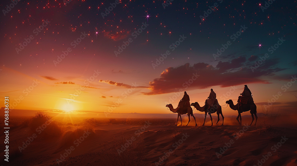 three wisemen travelling on a camel in the wilderness in the old bible times