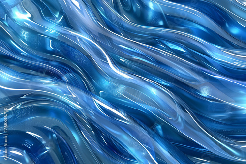 abstract 3D background in the form of transparent blue waves, texture of liquid glass or plastic, blue iridescent shiny waves