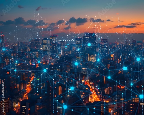 Futuristic City with Connectivity Lines in a Luminous Night Sky