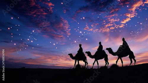 three wisemen travelling on a camel in the wilderness in the old bible times