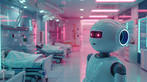 A White Robot Strolling in a Hospital Room in Synthwave Style photo