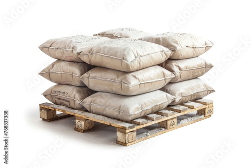 Cement bags stored on construction pallets Isolated on white background photo
