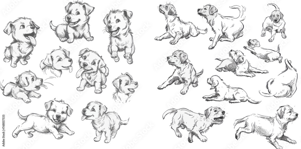 Cute hand drawn adorable puppies, line dog characters playing sitting jumping