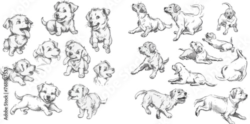 Cute hand drawn adorable puppies  line dog characters playing sitting jumping