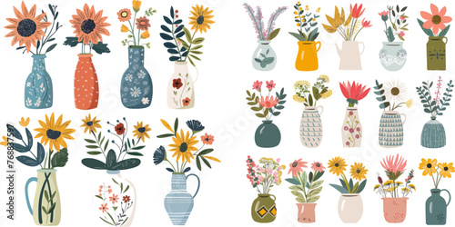 Blooming spring flowers, tropical leaves and herbs in jugs and teapots photo