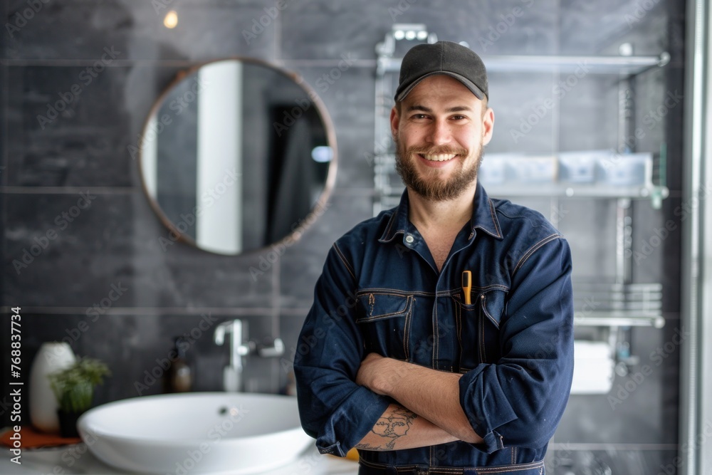 A confident smiling plumber in uniform posing in a modern bathroom setting A confident smiling plumber in uniform posing in a modern bathroom setting