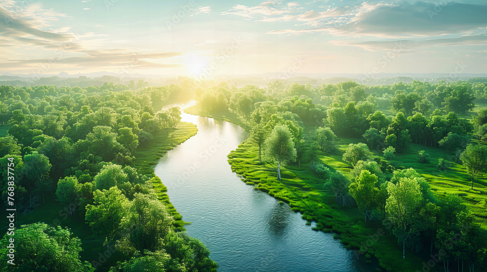 Summer River Serenade: Sunlight Dances on the Water, Highlighting the Lush, Green Landscape