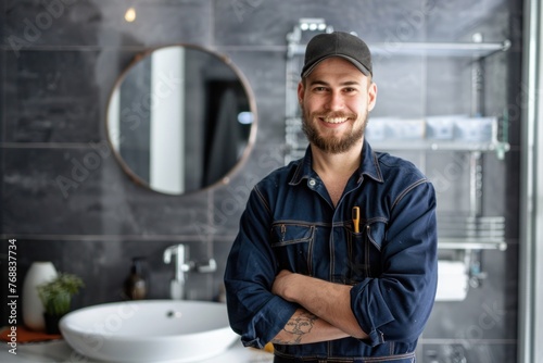 A confident smiling plumber in uniform posing in a modern bathroom setting