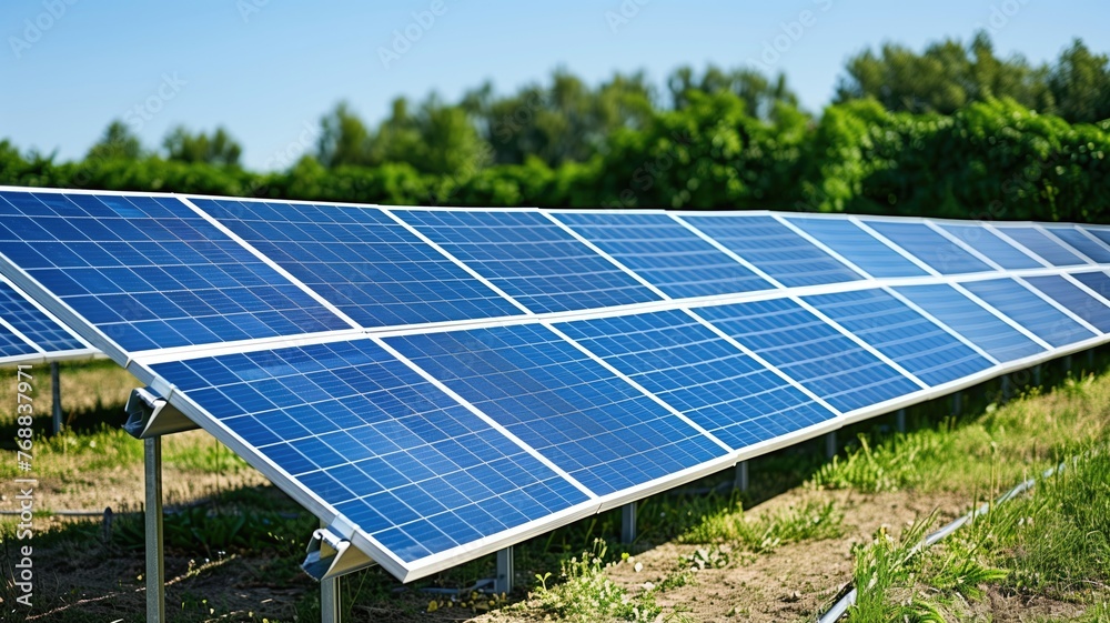 Renewable energy concept with solar panels lined up in a lush green field under clear skies Renewable energy concept with solar panels lined up in a lush green field under clear skies