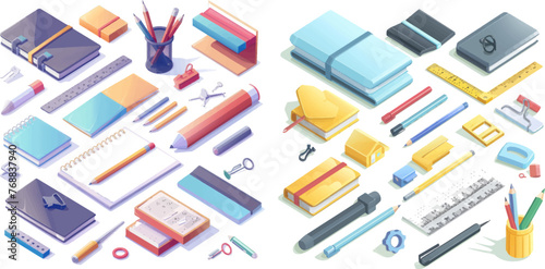 Stationery stapler, notebook and ruler tool supplies or workspace equipment isolated 3d icons vector set