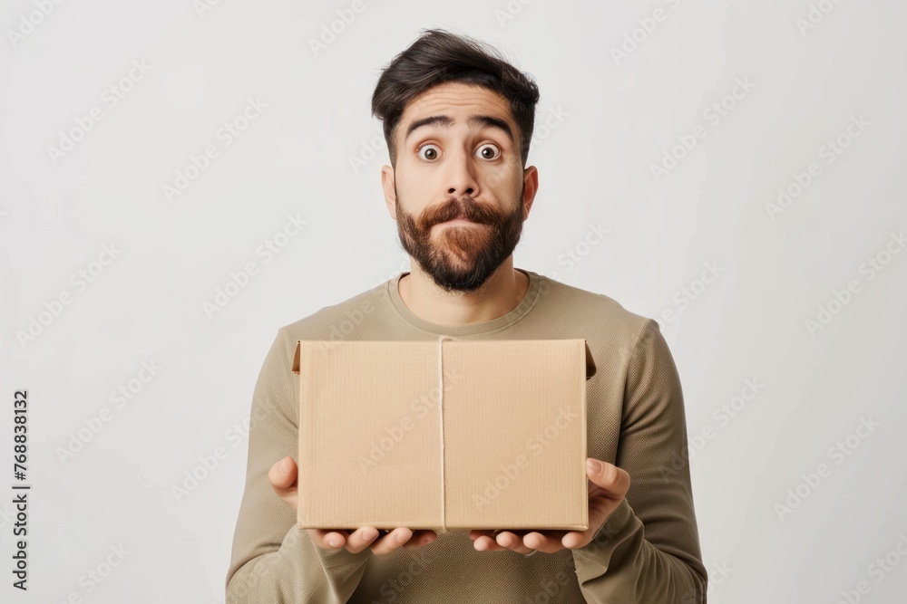 Guy holding paper bag on white background, delivery Guy holding paper bag on white background, delivery