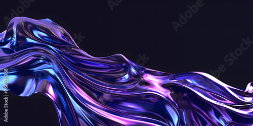 abstract 3D background in the form of a transparent purple wave on a black background, liquid glass texture, purple iridescent shiny wave