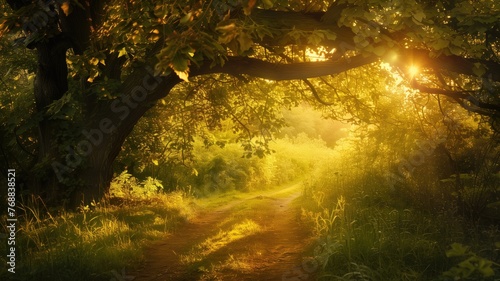 A mystical path winds through a sun-dappled forest, inviting exploration at dawn