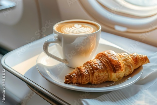 Cup of fresh coffee and croissant in a business class airplane