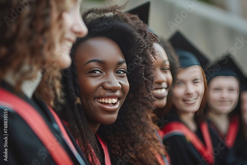 portrait African American female graduating student in black cap and gown smiling looking at camera