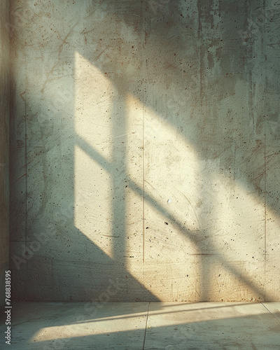 close up shot of a concrete wall, light shining through the window creating a small pattern of light on the wall, bright tones, photo realistic