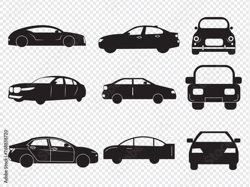 Car icon silhouettes  Sports car Vehicle icons set view from side  front  vector illustration 