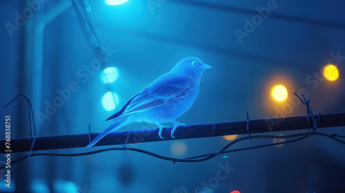 a blue bird ghost, light bird sitting on a wire above the wire.