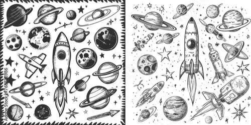 Astrology doodles, sketch space universe planets and hand drawn cosmic rocket vector illustration set