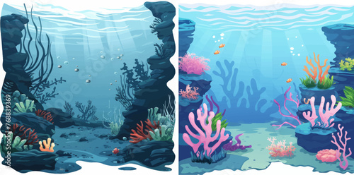 Ocean coral reef, deep sea bottom and swimming under water