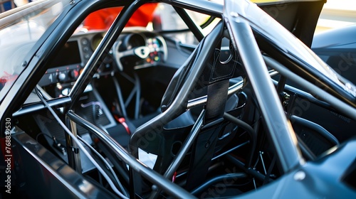 Racing Car Cockpit Ready for Speed: The tight cockpit of a professional racing car, equipped with a roll cage, racing bucket seat, and a multi-point harness