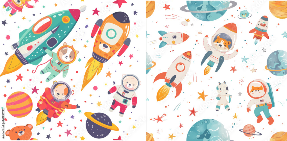 Cute animal astronauts in space suits, flying in rocket Cute animal astronauts in space suits, flying in rocket