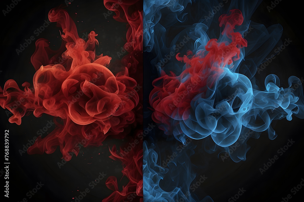Blue vs red smoke effect black vector background. Abstract neon flame cloud with dust cold versus hot concept. Sports boxing battle competition fog transparent wallpaper design. Police digital banner  - obrazy, fototapety, plakaty 