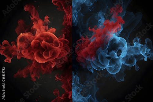 Blue vs red smoke effect black vector background. Abstract neon flame cloud with dust cold versus hot concept. Sports boxing battle competition fog transparent wallpaper design. Police digital banner 