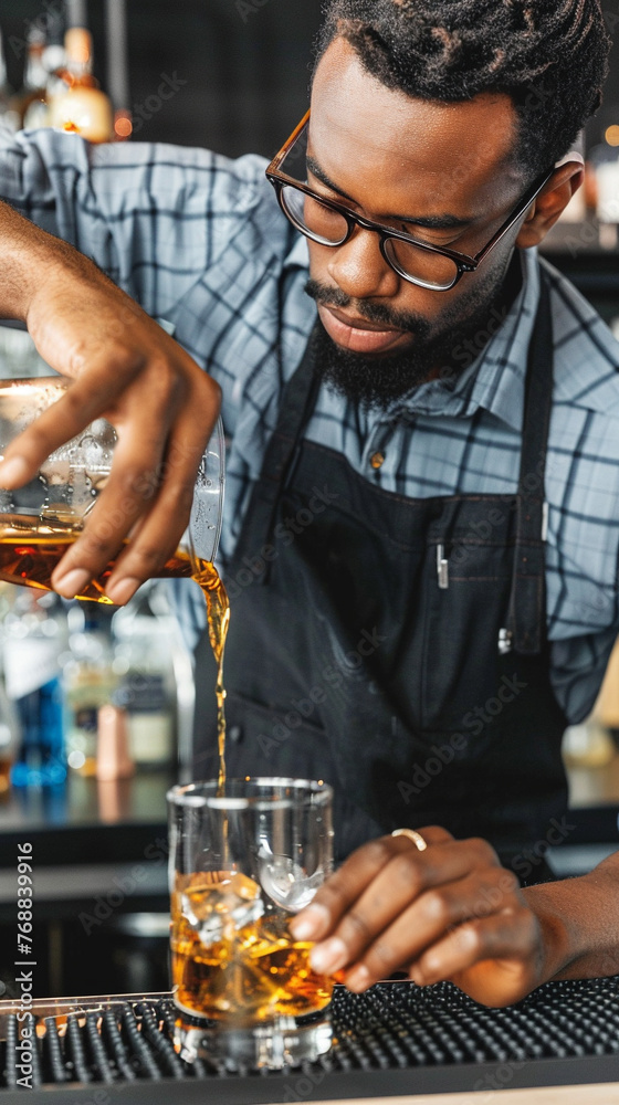 custom made wallpaper toronto digitalBartender in black apron and blue shirt mixing whiskey, syrup and ice in cocktail glass at a bar counter