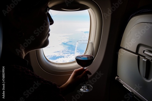 person gazing out a plane window, wine glass in hand