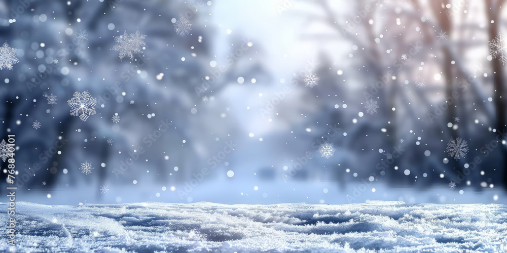 Snow with snowflakes falling on the ground on trees and sunlight blurred background, Winter christmas snow background with snowdrifts, banner Snow with snowflakes falling on the ground on trees and sunlight blurred background, Winter christmas snow background with snowdrifts, banner