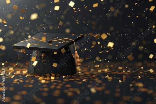Graduation cap with golden confetti and particles background
