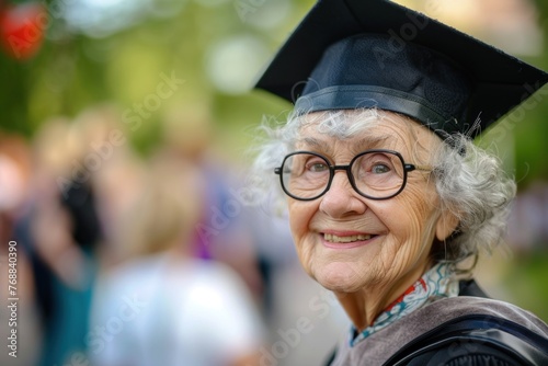 Happy elderly woman graduated from university photo