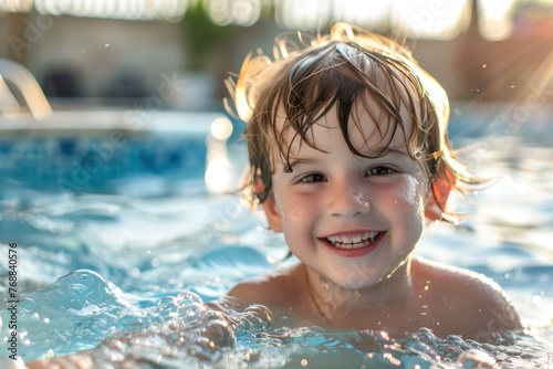 Happy kid boy playing in the pool on a hot summer day © Igor