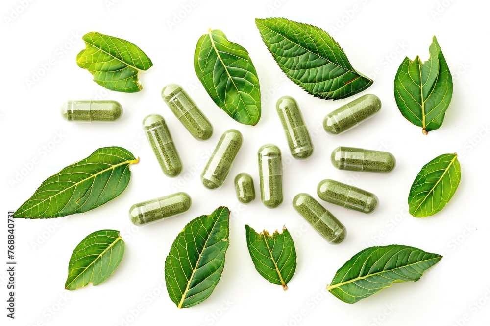 Herbal medicine in capsules made from herb leaves Herbal medicine in capsules made from herb leaves