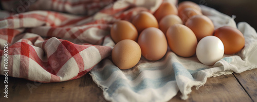 Fresh farm eggs on a checkered cloth over a rustic wooden table. Farm and natural produce concept. Design for cookbook recipes, food blog headers with copy space, and organic product packaging. photo