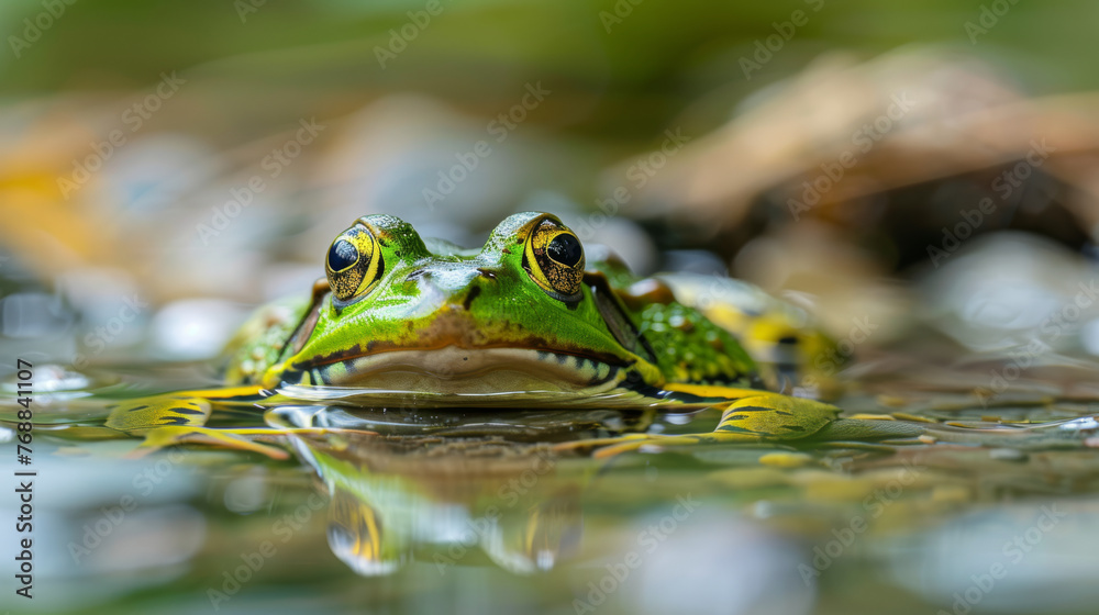 Obraz premium A green frog, a vibrant amphibian, gracefully rests within the tranquil waters of a lake or river, harmonizing with the surrounding natural environment.
