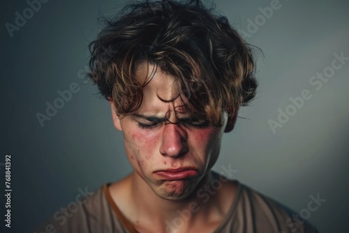 Nervous unhappy young crying man