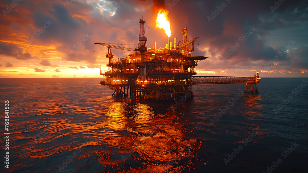 Fototapeta premium Fiery Offshore Rig Against Twilight Sky