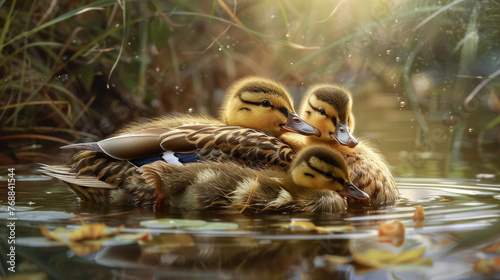 A close-up image of three ducklings sitting together on a lily pad in a tranquil pond setting photo