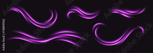 Pink speed lines, light in motion, glowing light trails. Bright motion effect, luminescent swirls. Vector decoration.