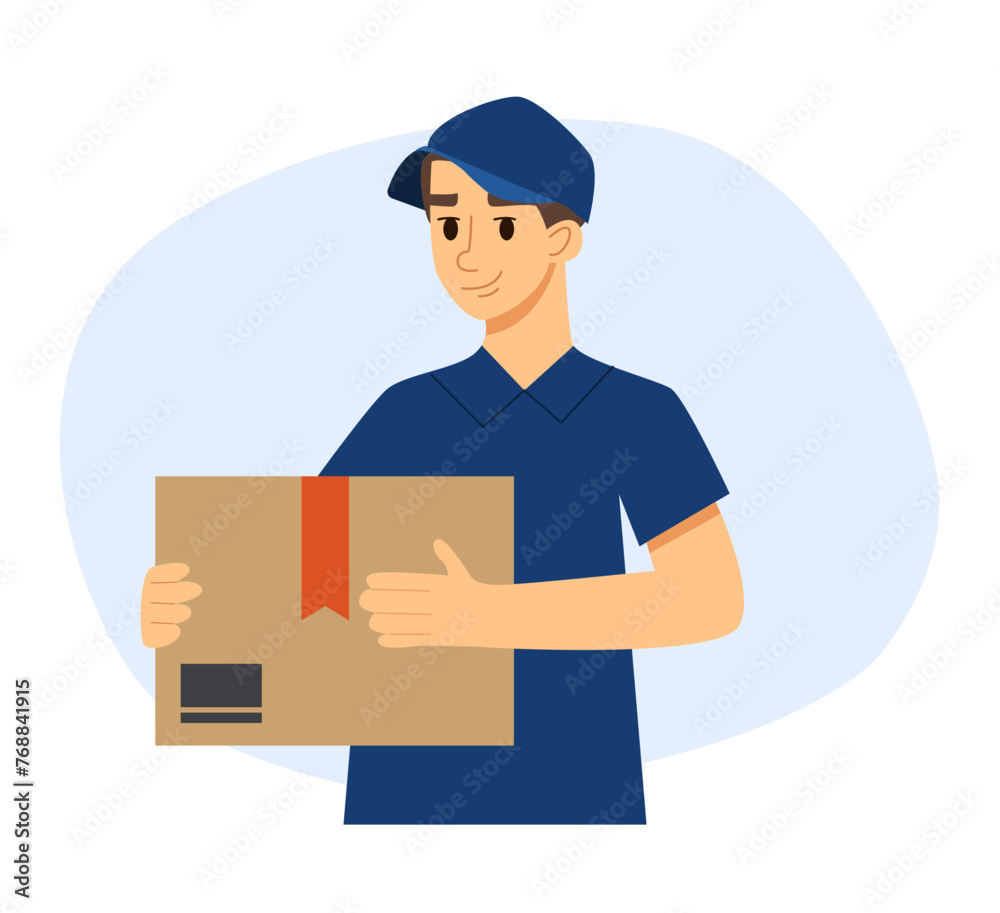 Delivery Man with a Box. Postman Person In Uniform and Cap. Cartoon Flat Vector Illustration. Delivery Man with a Box. Postman Person In Uniform and Cap. Cartoon Flat Vector Illustration.