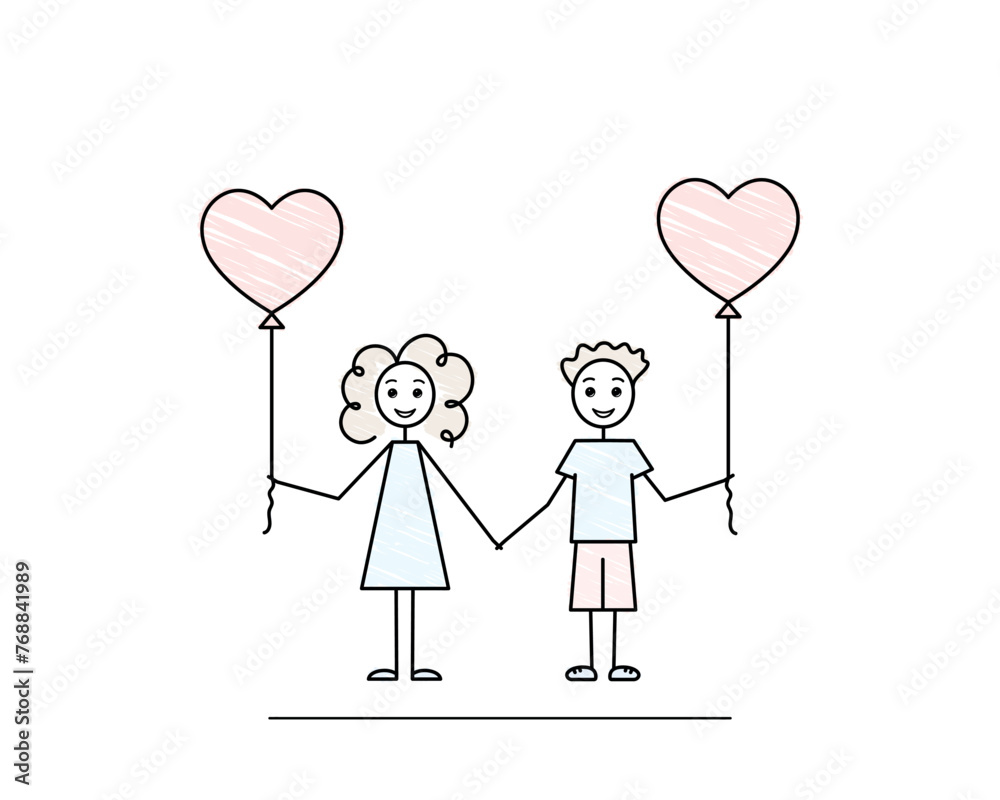 boy and girl with heart shape balloons, teenager s love, cute characters, isolated on white background, black line doodle vector illustration, pencil drawn style boy and girl with heart shape balloons, teenager s love, cute characters, isolated on white background, black line doodle vector illustration, pencil drawn style
