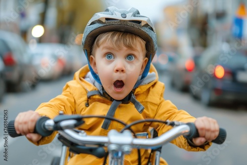 Shocked funny child with big eyes rides a tricycle in a very busy road