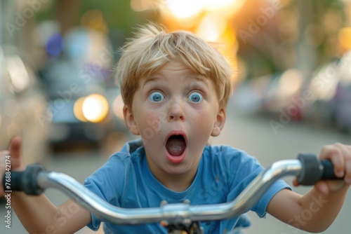 Shocked funny child with big eyes rides a tricycle in a very busy road