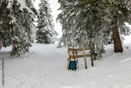 Close up of a sled on a snow covered mountain