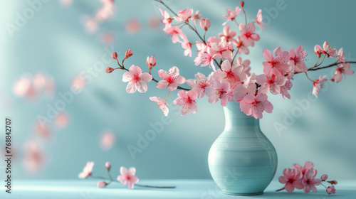 Overflowing cherry blossoms in full bloom from a ceramic vase, signaling spring. photo