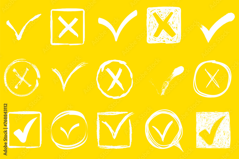 Handdrawn control signs. Doodle v mark for list items, checkmarks and sketch checkmarks. Vector